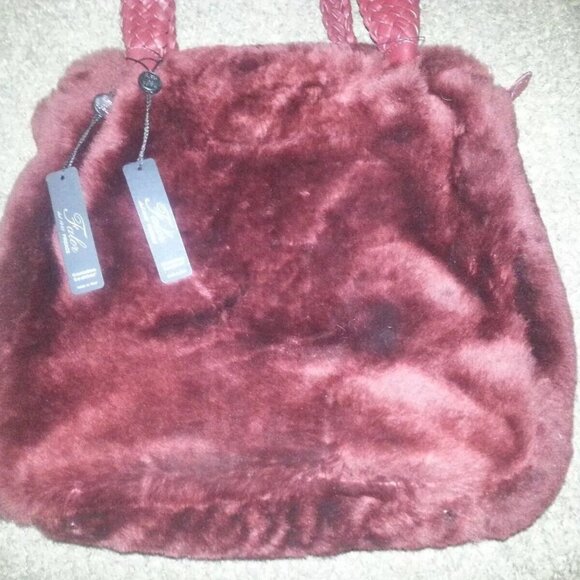 Large FALOR-FALORNI Shearling Tote-Genuine Leather With Lamb Fur. Burgundy. NWT - Picture 2 of 8